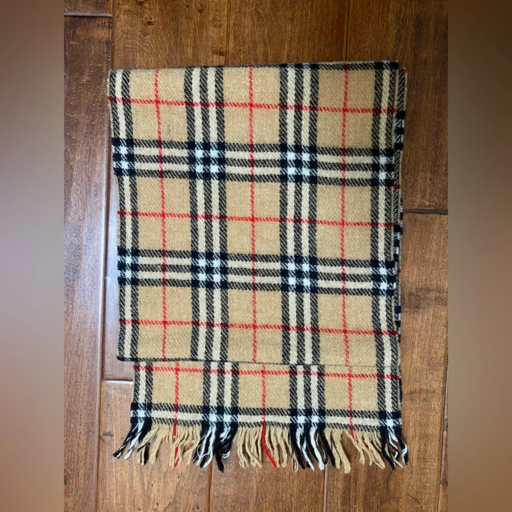 Burberry Tan Plaid Cashmere-Style Men's Scarf with Black and Red Accents